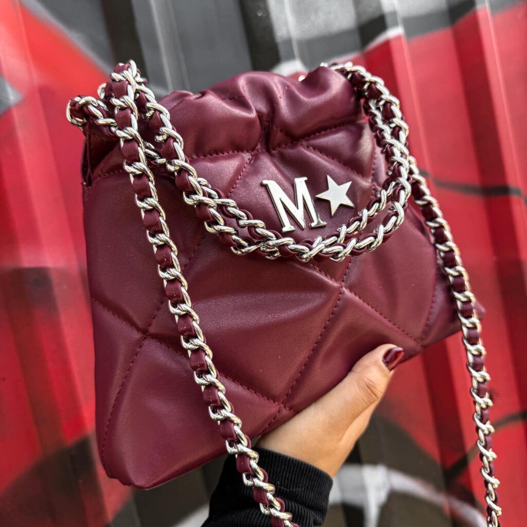 Halo Bag Mini Cadena Plata Color Burgundy