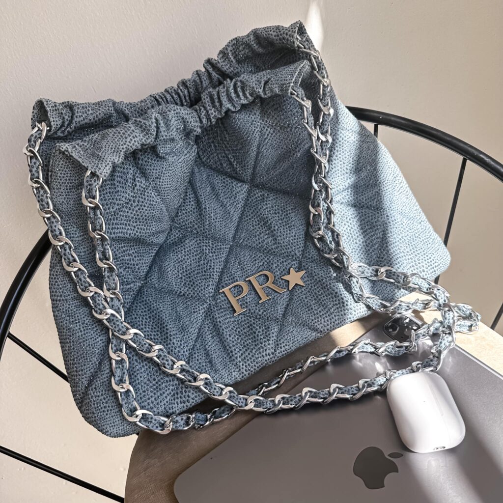 Halo Bag Cadena Plata Color Denim Glitter