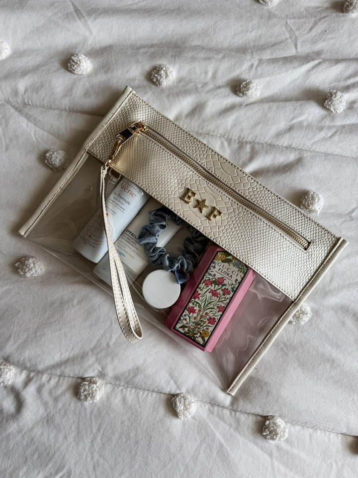 Cosmetiquera Clutch Pitón Perla Metálico