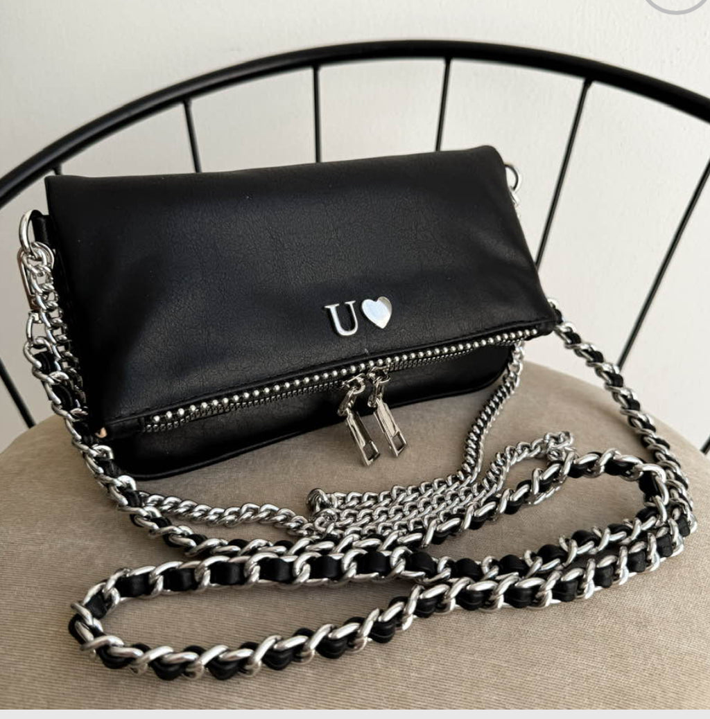 Amora Mini Bag Negro Herrajes Plata + Filo De puntos